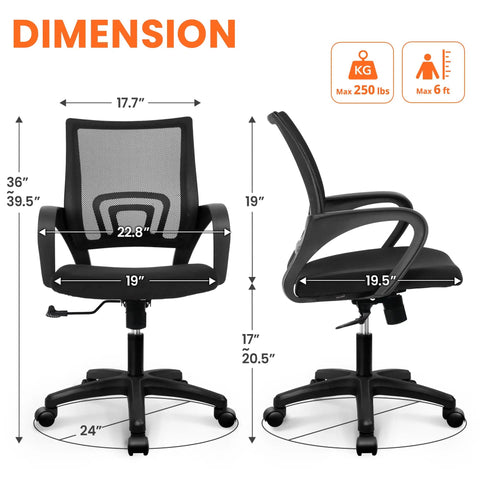 Dimensions of Ergonomic Mesh Office Chair With Lumbar Support, Cushioned Seat, Adjustable Height, Swivel Rolling Wheels
