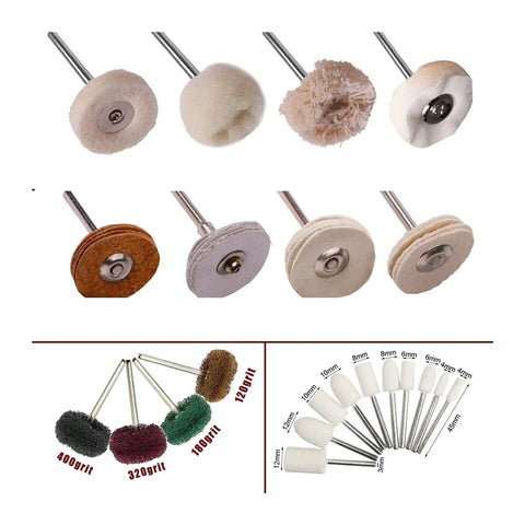Premium Brown Felt Polishing Wheels For Jewelry And Watch Buffing With Rotary Tool Accessories, various sizes and materials.