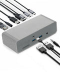 Top Shelf Triple 8K Thunderbolt 5 Docking Station With 140W EPR Rapid Charge, Heavy Hitter 80Gbps Data Rates, Four Extra USB-A Ports, And Dead Simple Plug And Play Setup For Pros with multiple cables.