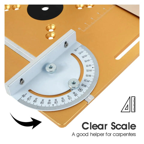 Heavy Duty Aluminum Router Table Insert Plate Clutch Woodworking Electric Router Flip Plate With Badass Precision Center Bushing For Home Workshop Yellow Finish with clear scale detail.