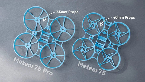 Blue Meteor75 Pro Brushless Whoop Frame with triangle bilateral stretch design showing 45mm propellers and 1S LiPo slot.