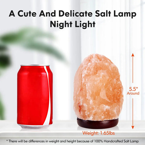 Himalayan Salt Lamp Night Light With Remote Control 5.5 Inch pink rock on wood base next to soda can