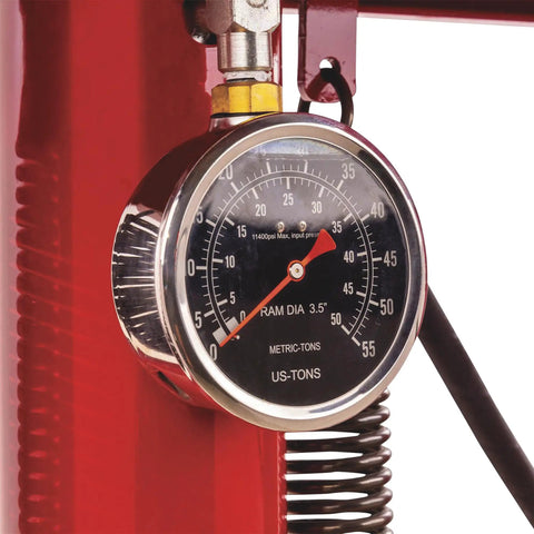 Pressure gauge on Heavy Duty 50 Ton Air Hydraulic Shop Press With Auto Pump Motor for accurate force readings.
