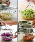 Two Pack Stainless Steel Potato Masher Set With Zigzag Wire And Flower Shaped Hole Heads mashing potatoes, avocado, and beans in bowls