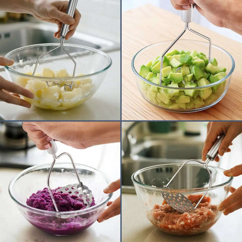 Two Pack Stainless Steel Potato Masher Set With Zigzag Wire And Flower Shaped Hole Heads mashing potatoes, avocado, and beans in bowls