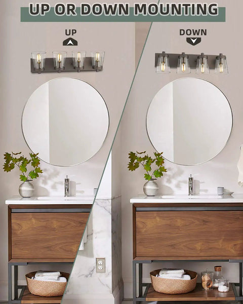 Four Light Bathroom Vanity Lighting Fixture With Clear Glass Shades In Oil Rubbed Bronze Finish shown in up and down mounting above mirrors