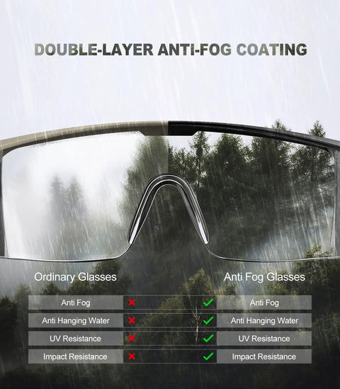 Image showing comparison between ordinary glasses and Anti Fog Safety Glasses With Side Shields UV400 Protection Tough As Nails Eyewear For Men And Women With Black Lenses And Frame Durable Clear Vision Goggles For Work And Sports Everyday Use, indicating benefits like anti-fog coating.