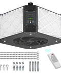 360 Degree Filtration System For Woodworking With Vortex Fan And 1050 To 1350 CFM Dual Speed Hanging Dust Collector For Your Woodshop Garage Or Shop Up To 1700 Sq Ft, shown with installation accessories and remote control
