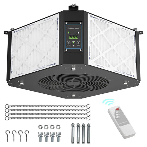 360 Degree Filtration System For Woodworking With Vortex Fan And 1050 To 1350 CFM Dual Speed Hanging Dust Collector For Your Woodshop Garage Or Shop Up To 1700 Sq Ft, shown with installation accessories and remote control