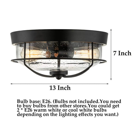 Industrial Black 13 Inch Flush Mount Ceiling Light With Seeded Glass Shade And Metal Cage for Kitchen