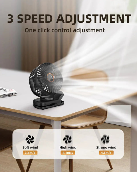 Clip On Battery Operated Mini Desk Fan With Digital Display, 3 Speeds Adjustable, 360 Degree Bidirectional Rotation black fan on table