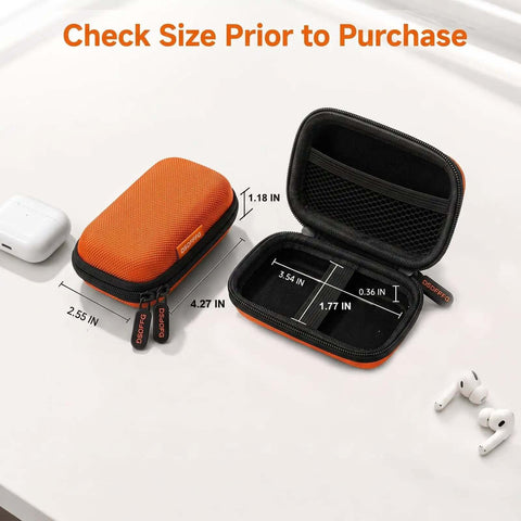 Solid Orange Mini Hard Shell Earbud Case Portable Rectangle Carrying Pouch showing size measurements, dimensions 4.27x2.55x1.18 inches.