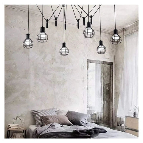 Straight Up Retro Industrial Chandelier With Working Pulley Cord Dope Black Metal Shade Swings Smooth Delivers That Killer Warm Glow Perfect For Your Living Room Or Kitchen Nook Setup Today in a bedroom with a bed and mirror.
