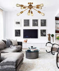 8 Light Sputnik Chandelier Brass Semi Flush Mount Ceiling Light Modern Pendant Lighting Mid Century Starburst Style Lit Ambience