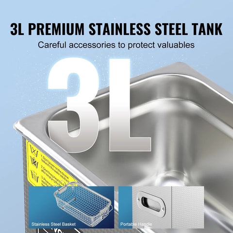 3L stainless steel ultrasonic cleaning tank with wire basket and portable handle