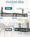 Comparison of Under Desk Cable Management Tray With Clamp No Drill Installation showcasing 25.3-inch large capacity metal tray dimensions.