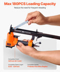 Pro Grade Pneumatic Staple Gun For Woodworking And Upholstering Projects Featuring Slick Firing 22 Gauge Design With Heavy Duty 71 Series Fine Wire Staples And No Sweat Setup, showing loading mechanism and staple compatibility.