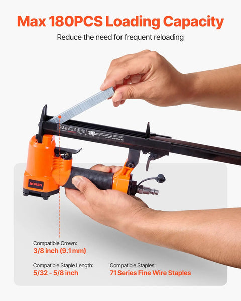 Pro Grade Pneumatic Staple Gun For Woodworking And Upholstering Projects Featuring Slick Firing 22 Gauge Design With Heavy Duty 71 Series Fine Wire Staples And No Sweat Setup, showing loading mechanism and staple compatibility.