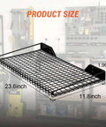 Beefy Heavy Duty Garage Wall Shelves 2 Pack 23.6 By 11.8 Inch Wall Mount Mesh Storage Racks For Garage Office Basement And Kitchen Holds Up To 65 Lbs Each Black, shown in a workshop setting.