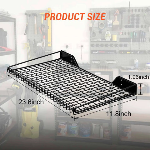 Beefy Heavy Duty Garage Wall Shelves 2 Pack 23.6 By 11.8 Inch Wall Mount Mesh Storage Racks For Garage Office Basement And Kitchen Holds Up To 65 Lbs Each Black, shown in a workshop setting.