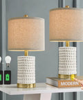 Farmhouse Ceramic Table Lamps Set Of 2 With 3-Way Dimmable Touch Control White Bedside Lamps With USB A And USB C Ports shown on a table.