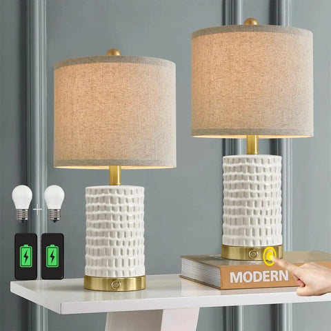 Farmhouse Ceramic Table Lamps Set Of 2 With 3-Way Dimmable Touch Control White Bedside Lamps With USB A And USB C Ports shown on a table.