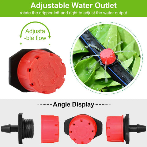 Adjustable Drip Irrigation Emitters Pack Of 200 Pcs One Quarter Inch Barb Connectors, 360 Degree Sprinklers With Eight Spray Holes