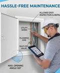 Solid Galvanized Steel Crawl Space Access Panel With No Fuss Thumb Screw for quick PVC and wiring, showing an installer inspecting plumbing.