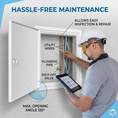 Solid Galvanized Steel Crawl Space Access Panel With No Fuss Thumb Screw for quick PVC and wiring, showing an installer inspecting plumbing.
