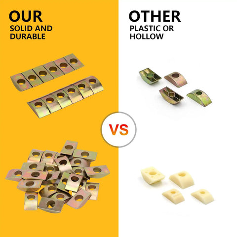 Heavy Duty Countertop Connectors Plug And Play Bed Rail Joiners 12 Pack comparison of solid metal fasteners vs plastic hidden fasteners.