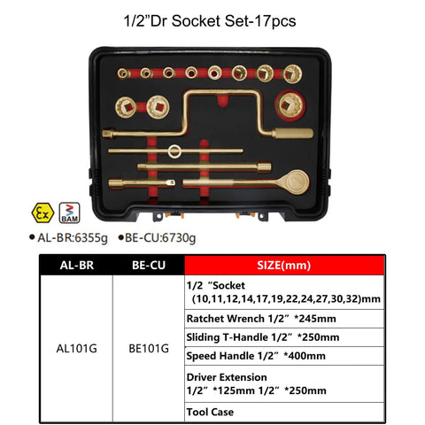 Non Sparking 17 Piece Tools Set With Sockets And Offset Handle Die Forged Beryllium Copper in a black tool case