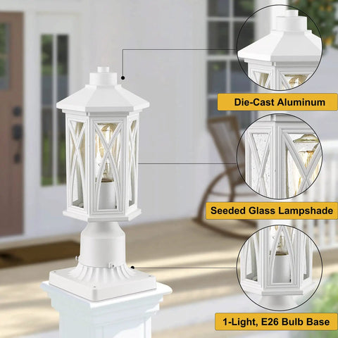 Two Pack White Outdoor Post Lights With Pier Mount Base Weatherproof Aluminum Post Lamp Fixtures Featuring Seeded Glass Waterproof Exterior Lanterns For Driveway Garden And Patio