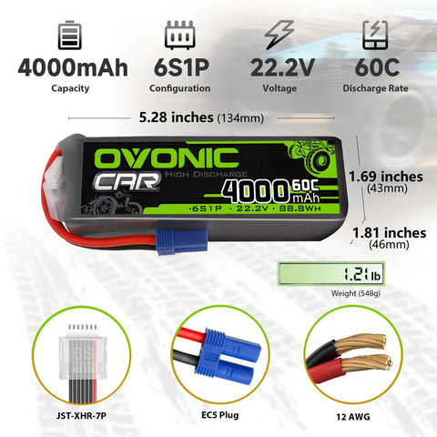 Beefy 6S 22.2V 4000mAh 60C LiPo Battery With EC5 Connector showing specs and dimensions, soft case design for RC vehicles