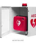 Legit AED Defibrillator Wall Mount Cabinet With Heavy Duty Steel Body and Snappy Alarm Lock, open view showing red AED case inside.
