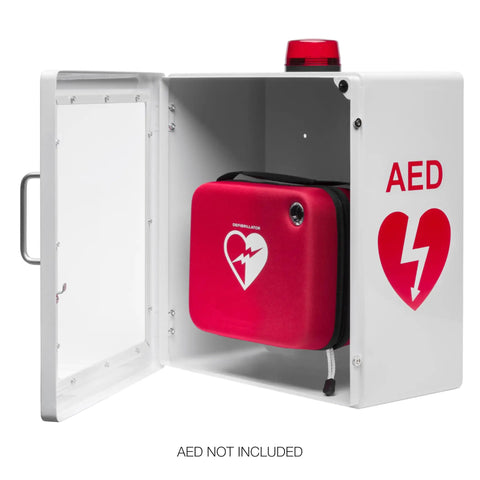 Legit AED Defibrillator Wall Mount Cabinet With Heavy Duty Steel Body and Snappy Alarm Lock, open view showing red AED case inside.