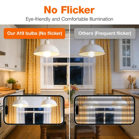 Comparison of Eco LED A19 Light Bulb 9W Equivalent To 60W, 750 Lumens, showing no flicker vs frequent flicker in a kitchen setting