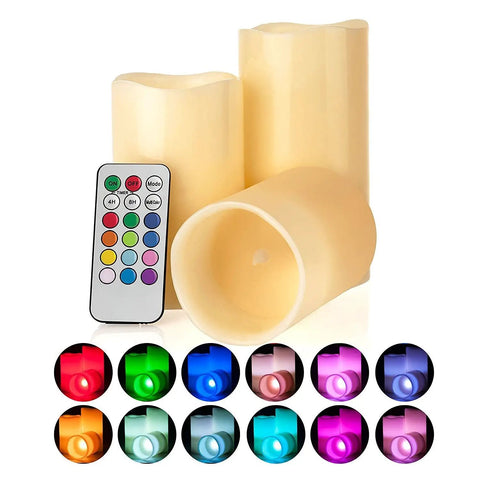 Multi Colored Flameless Candles Set Battery Operated With Remote Control Flickering Flame Ivory Wax Pillars 3-pack with multicolor options