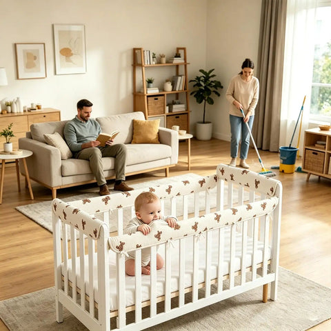 Breathable Cotton Gauze Bed Rail Teething Protector For Crib Sides Soft Friction Reducing Bite Guard in nursery setting