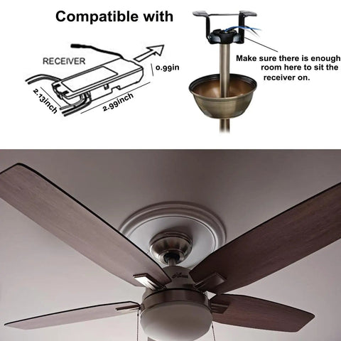 Diagram showing compatibility of Three In One Ceiling Fan Remote Kit For AC Motors with various fan housings and dimensions.