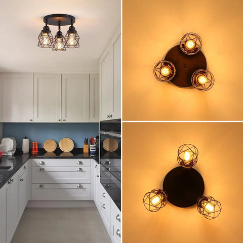 Adjustable Multi Directional Ceiling Light Fixture With E26 Base For Kitchen Hallway And Dining Room Semi Flush Mount Black Farmhouse Industrial Iron Cage Spotlight For Modern Rustic Vibe.