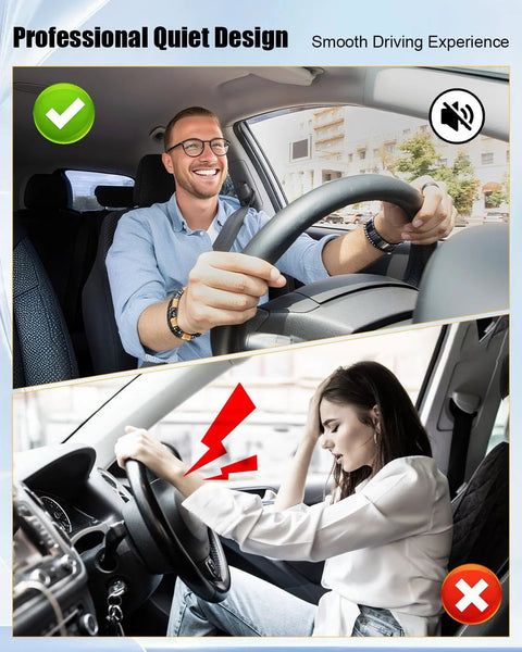 Comparison of a man enjoying quiet driving and a woman stressed by noise, illustrating professional quiet design benefit.