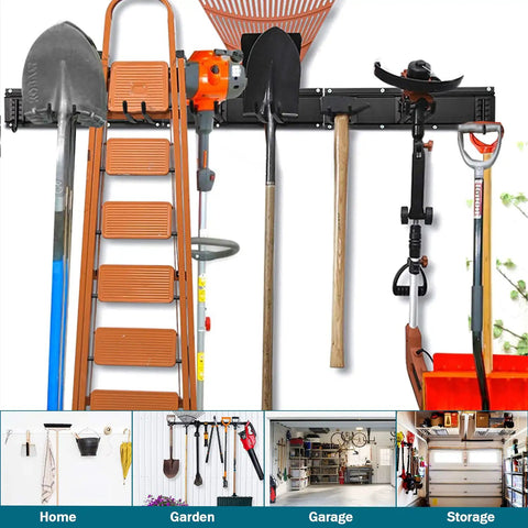 Heavy Duty Garage Tool Organizer Wall Mount 11 Piece Set with 8 Heavy Hooks holding ladder, shovel, rake, and garden tools.