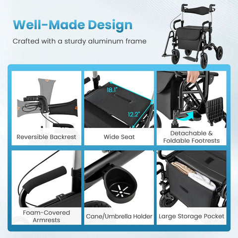2 In 1 Folding Rollator Walker And Wheelchair Combo With Brakes For Seniors Aluminum Mobility Aid showing features