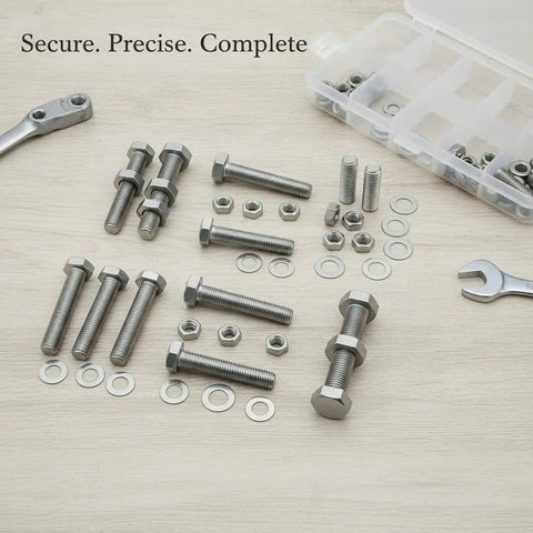 Grab And Go All In One Stainless Steel Hex Head Bolt Nut Washer Set With SAE And Metric Fasteners on table and open case