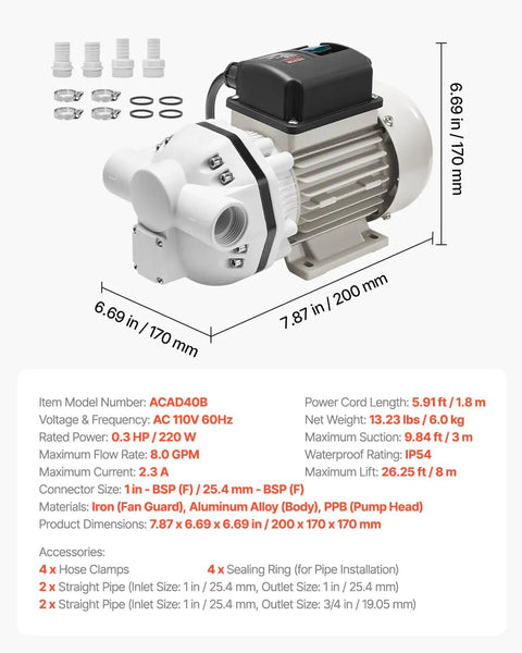 Heavy Duty Def Transfer Pump, Smooth 8 GPM Self Priming Electric Urea Extractor With Copper Motor, 6.69 in x 7.87 in dimensions.