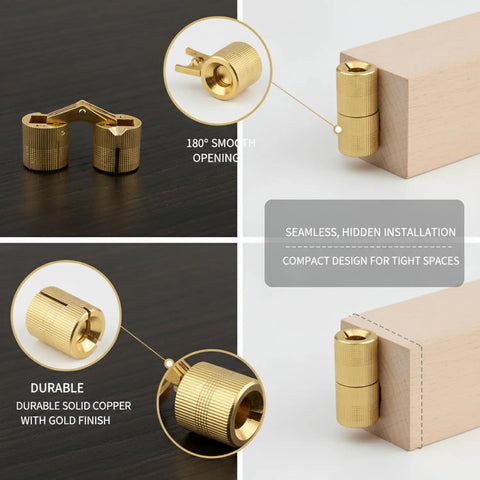 Gold Finish Hidden Barrel Hinge For Woodworking And Cabinets 180 Degree Pivot Inside Mount No Visible Exterior Plate detail view