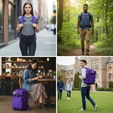 People using 45L Military Tactical Backpack For Men And Women With Molle Daypack in urban, forest, café settings and campus.