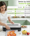 Woman using Pro Grade Vacuum Sealer With Built In Cutter And Bag Storage 90kPa Strong Vacuum Dry Moist And Liquid Modes Vacuum And Seal Manual Seal Marinate Pulse Includes 2 Rolls And 5 Bags Locking Handle For Easy Use