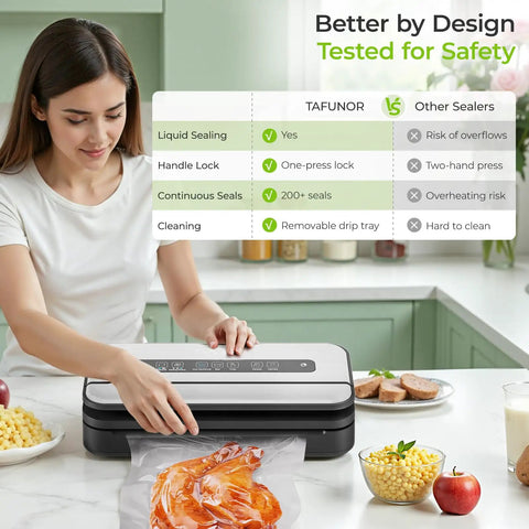 Woman using Pro Grade Vacuum Sealer With Built In Cutter And Bag Storage 90kPa Strong Vacuum Dry Moist And Liquid Modes Vacuum And Seal Manual Seal Marinate Pulse Includes 2 Rolls And 5 Bags Locking Handle For Easy Use