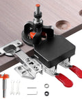 Concealed Positioning Hinge Hole Punch 35mm Door Hinge Jig With 2 Retaining Clips, shown with aluminum alloy body for cabinet installation.